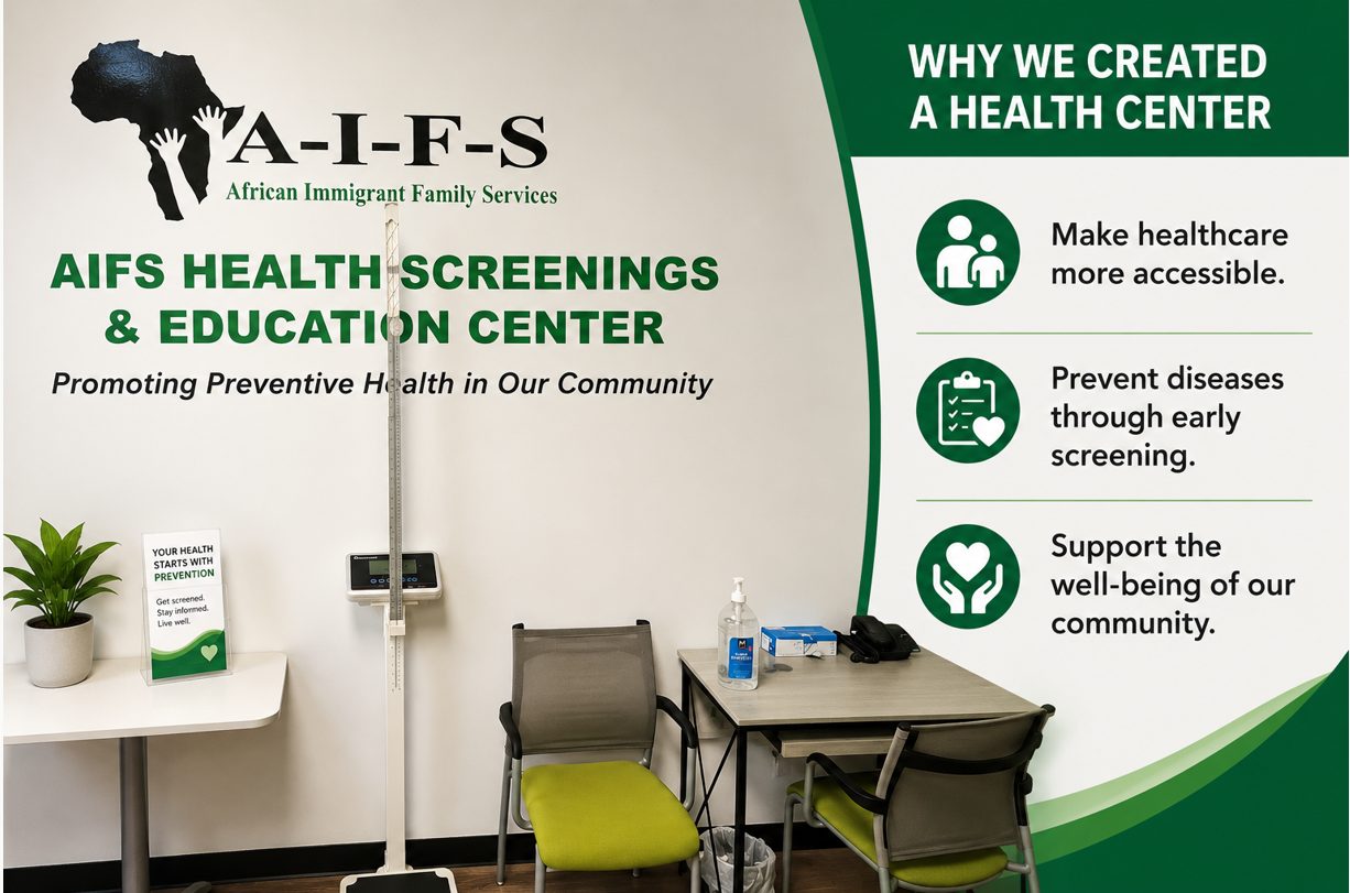 AIFS Health Screenings and Education Center wall sign with a preventive health message.